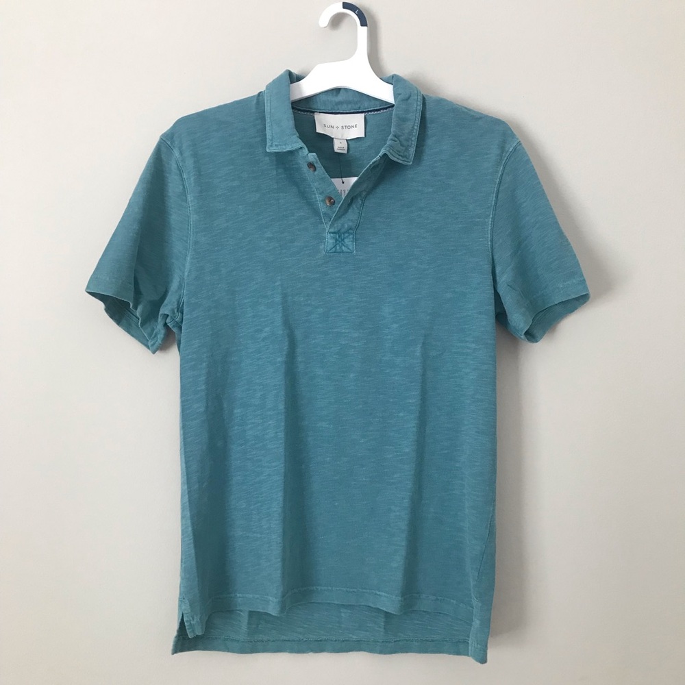Sun + Stone Shirt Mens S Aquatic Blue Short Sleeve Polo NWT